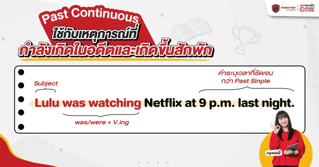 ตัวอย่างการใช้ประโยค Past Continuous Tense บอกเหตุการณ์ที่เกิดขึ้นในอดีตโดยมีช่วงเวลาเฉพาะเจาะจง
