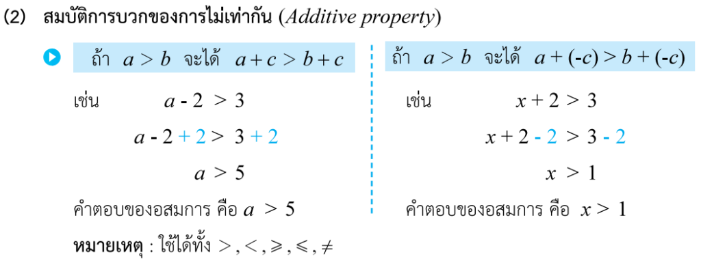 การแก้อสมการเชิงเส้นตัวแปรเดียว เรื่องสมบัติการบวกของการไม่เท่ากัน
